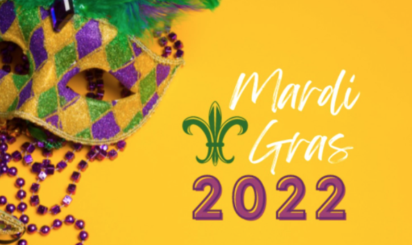 Mardi Gras 2022 wording with Mask that is purple, green and gold.