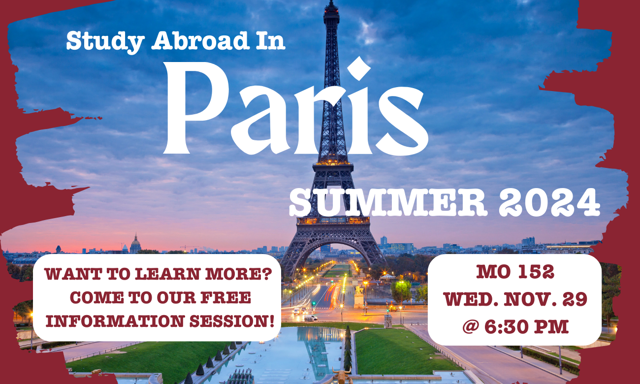 image of the eiffel tower with white text overlaid detailing the time and place of the event.
