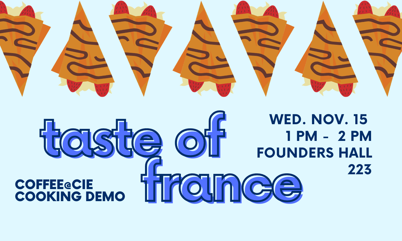 illustrations of strawberry crepes set against a light blue background. darker blue text with the event time and dates.
