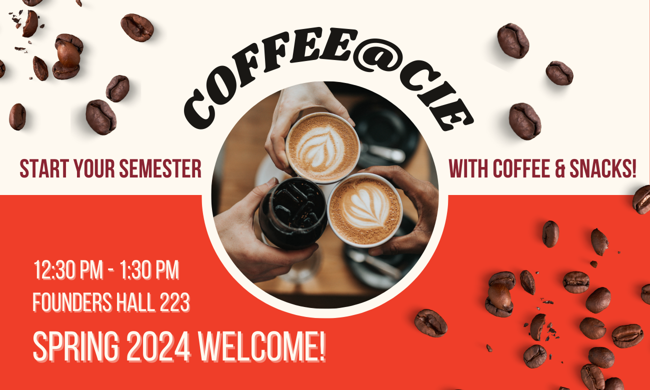invitation for spring kickoff event showing a coffee cup and written details about the date and time of the event.