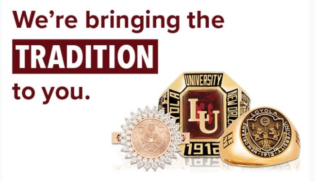 A photo of three Loyola rings with the text "We're bringing the tradition to you"