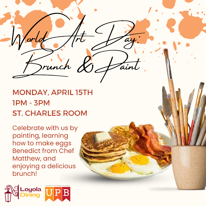 plate of food with eggs, pancakes, and bacon. a cup with paint brushes and the event title.