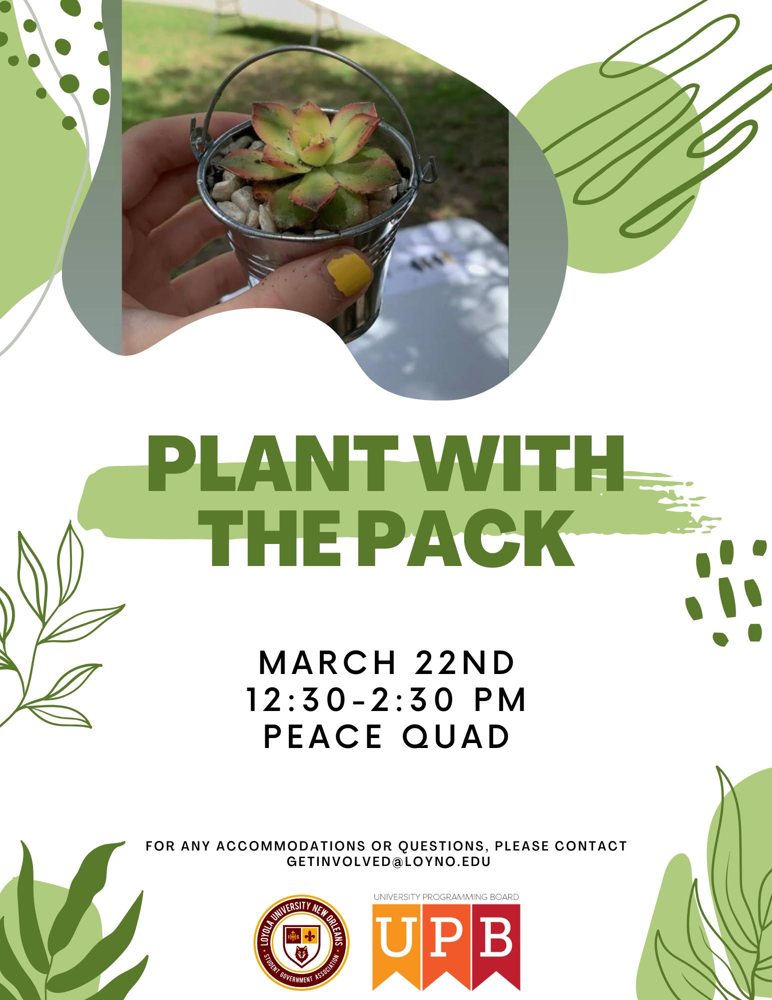 Graphic with green leaves that says Plant with the Pack.