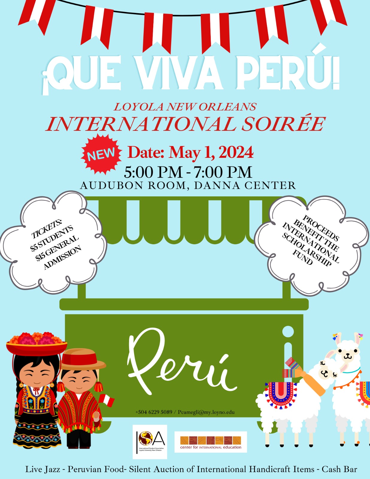 flyer for fair displaying cartoon food stalls, llamas, and a couple dressed in traditional peruvian clothing. date and time of fair are overlaid on the stall.