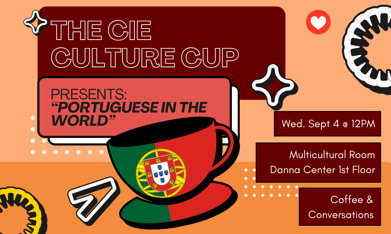 Flyer for the event featuring a stylized coffee cup emblazoned with the Portuguese flag, against a coral background. Text information about the event is included in dark red bubbles across the image.