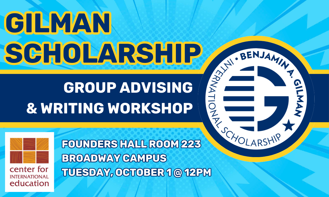 Flyer for workshop featuring the Gilman logo, which is a navy blue capital letter G stylized with blue stripes. Text information about the event is layered over a light blue background.