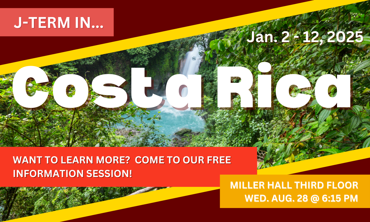 Flyer for event showing a picture of a waterfall in the midst of the Costa Rican jungle.Text with information about the info session date and time is overlaid on top of the photo.