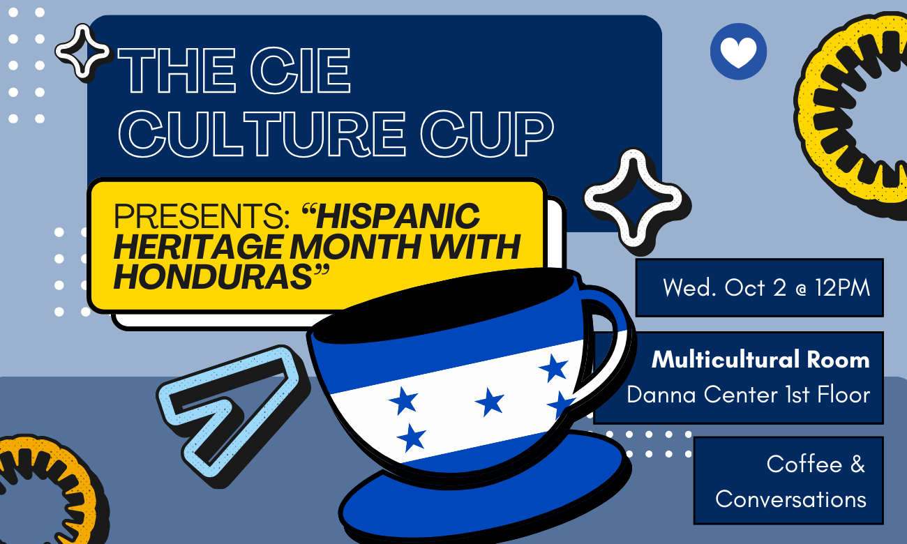 Flyer for the event featuring a stylized coffee cup emblazoned with the Honduran flag, against a blue background. Text information about the event is included in dark blue and yellow bubbles across the image.