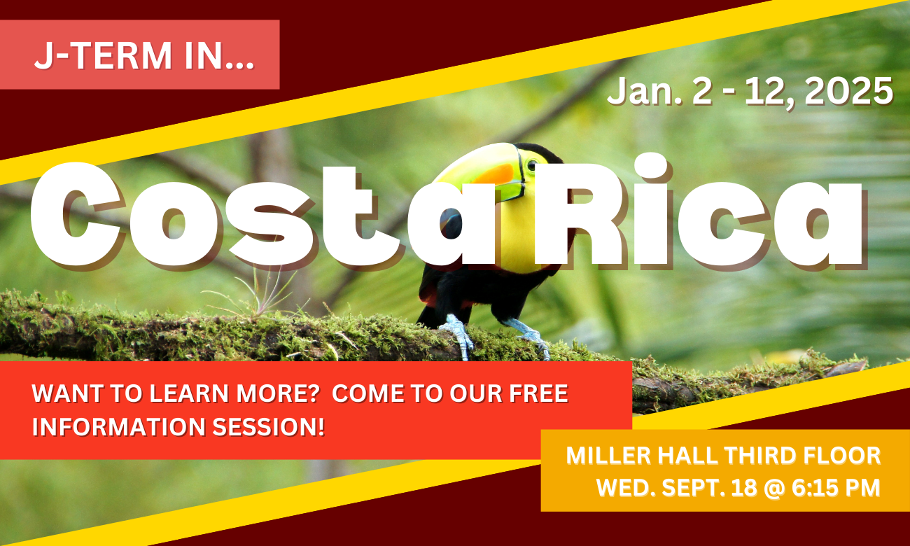 Flyer for event showing a picture of a toucan amidst the trees of a Costa Rican jungle. Text with information about the info session date and time is overlaid on top of the photo.