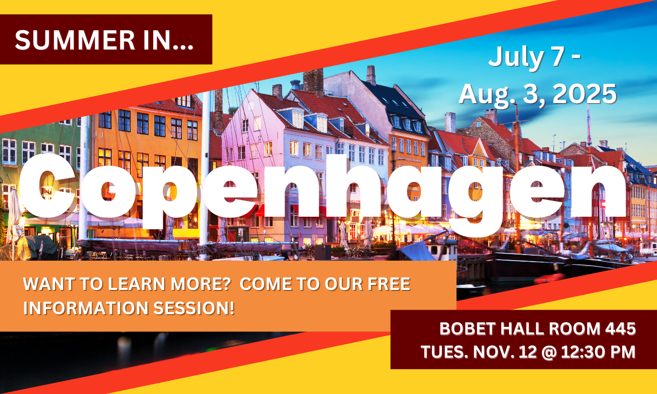 Poster with date and time for the event in white text against a picture of Copenhagen's cityscape, featuring a row of colorful houses.