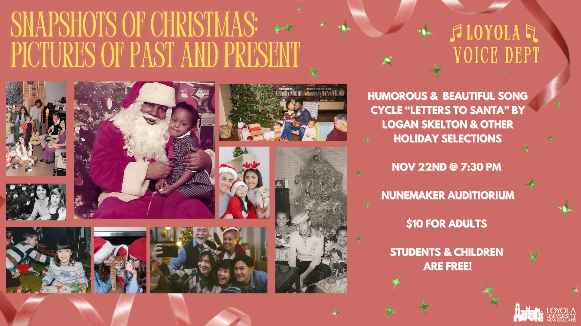 A poster featuring various pictures of Loyola Christmas events and Santa pop-ups, with text describing the event.