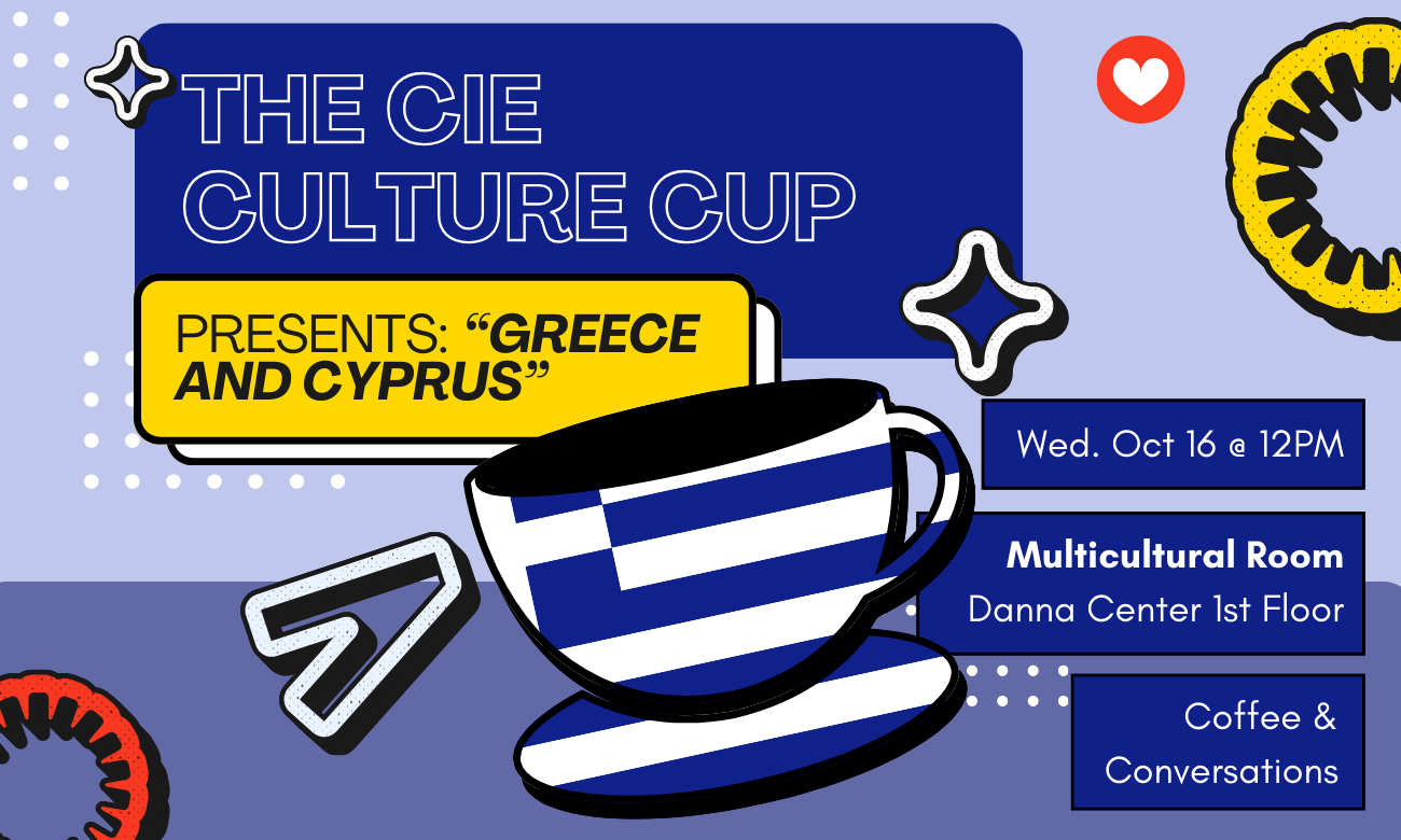 Flyer for the event featuring a stylized coffee cup emblazoned with the Grecian flag, against a blue background. Text information about the event is included in dark blue and yellow bubbles across the image.