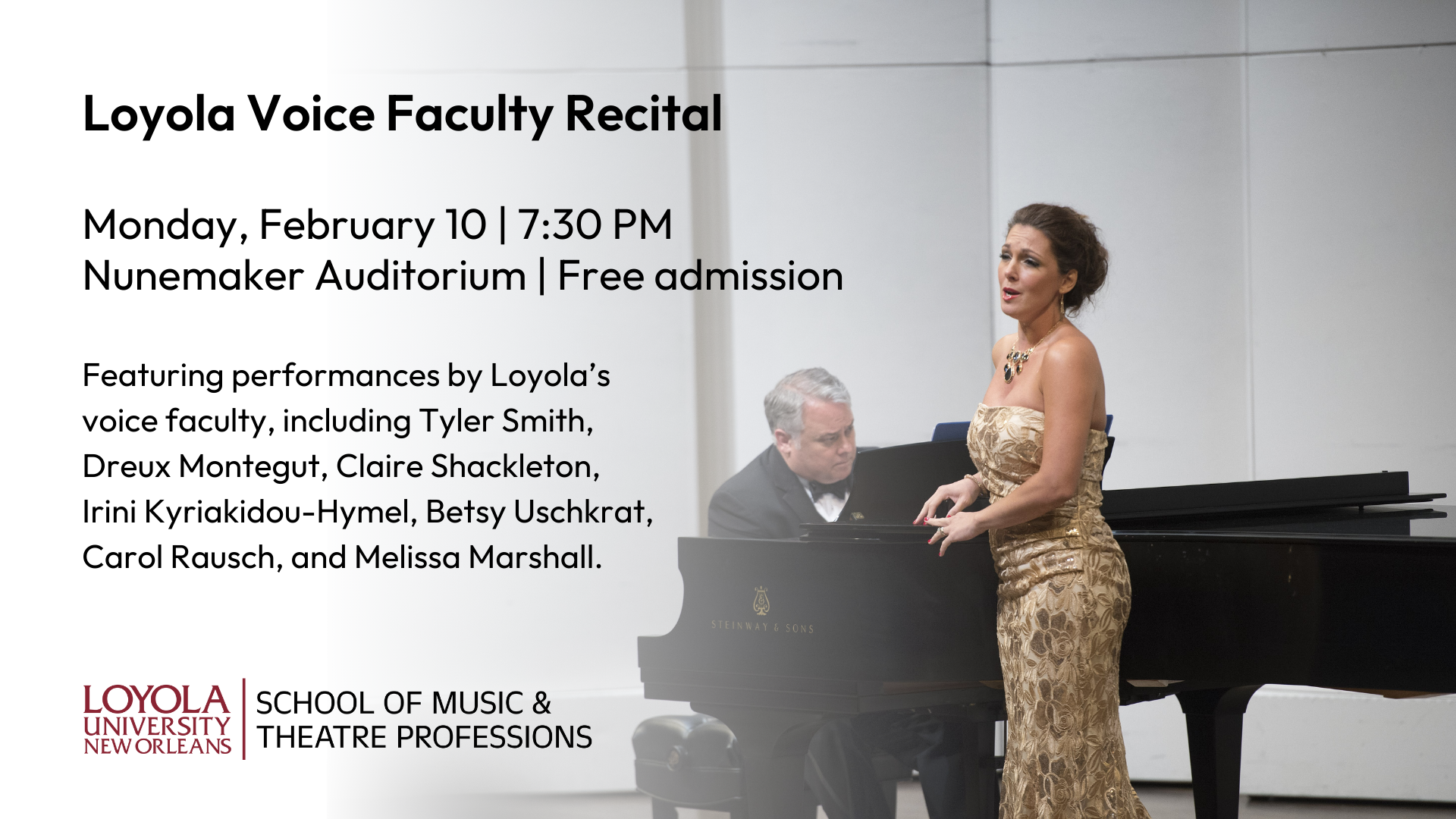 A photo of Professor Irini Kyriakidou-Hymel singing, accompanied by Professor Dreux Montegut, overlaid with text describing the details of the event.