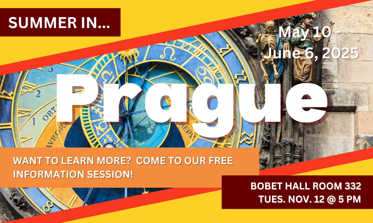 Poster with date and time for the interest meeting in white text against a picture of the famous astronomical clock in Prague..