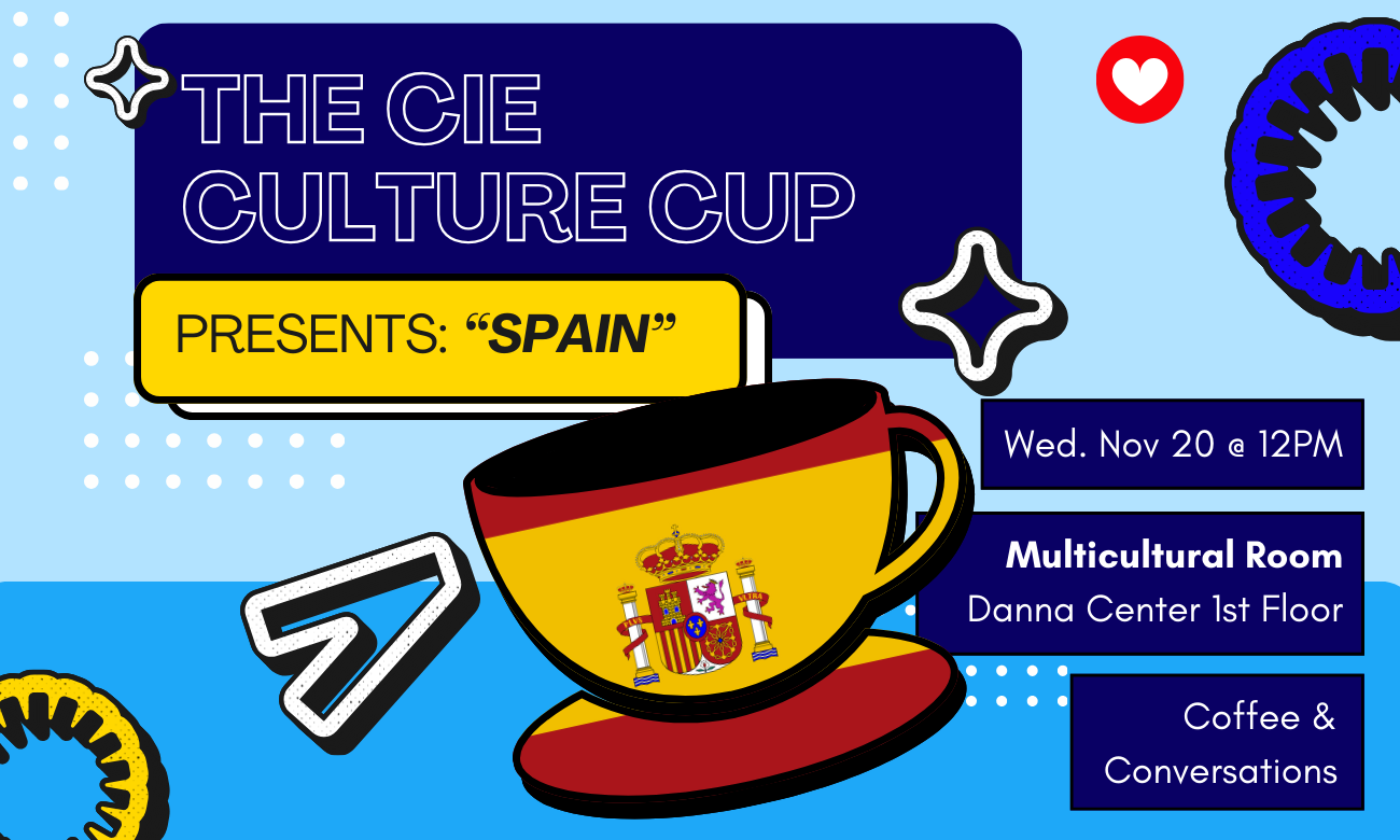 Flyer for the event featuring a stylized coffee cup emblazoned with the Spanish flag, against a light blue background. Text information about the event is included in dark blue bubbles across the image.