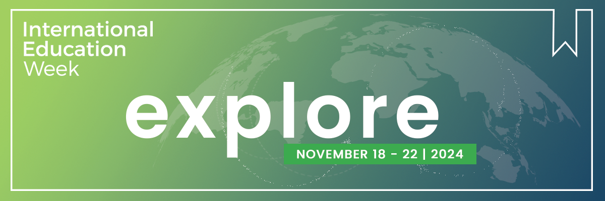 International Education Week official logo which is white text on a green background patterned with a globe.