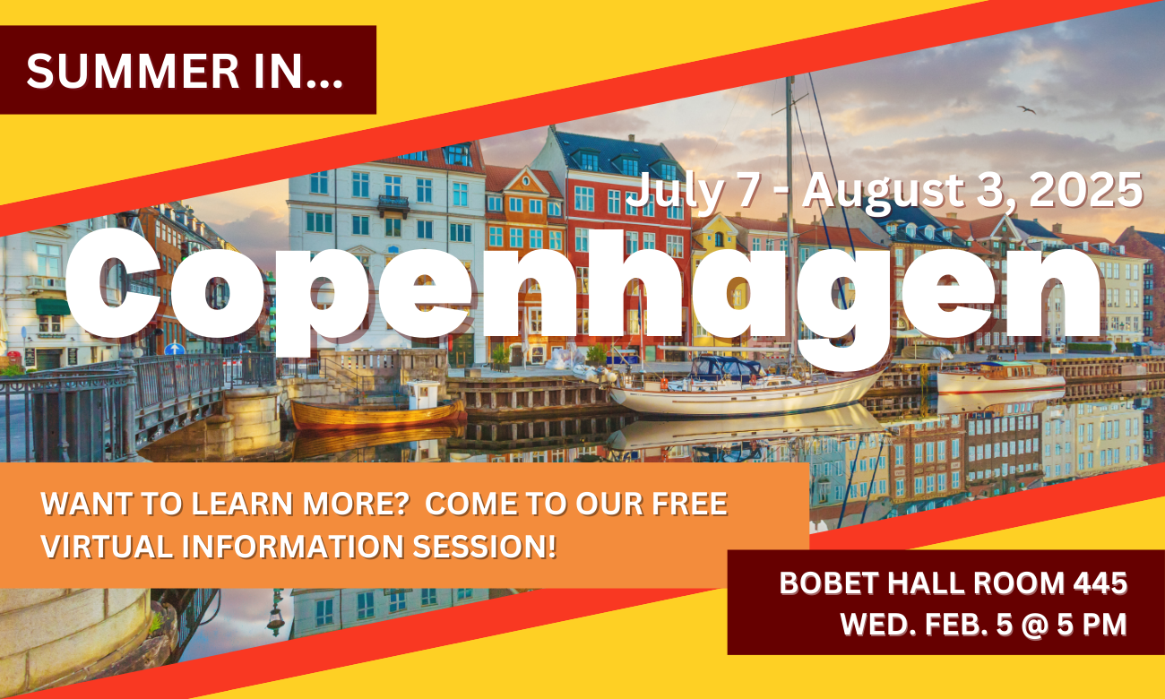 Poster with date and time for the event in white text against a picture of Copenhagen's cityscape, featuring a row of colorful houses.