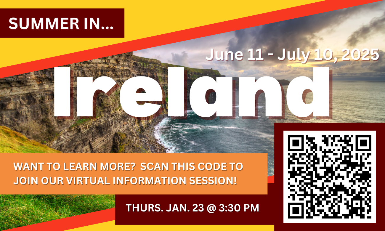 Poster with date and time for the interest meeting in white text against a picture of cliffs and an ocean view similar to those found throughout Ireland's coast. A QR code with the meeting Zoom link is also included in the image.