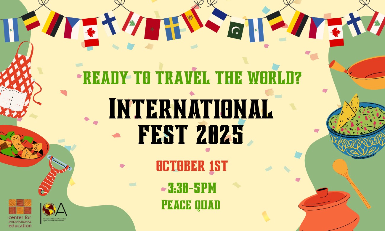Flyer with light yellow background advertising the festival. Clip art decorations of international flag banners and different types of food decorate the sides and top of the image. text reads READY TO TRAVEL THE WORLD? INTERNATIONAL FESTIVAL. OCTOBER FIRST THREE THIRTY TO FIVE P M. PEACE QUAD.