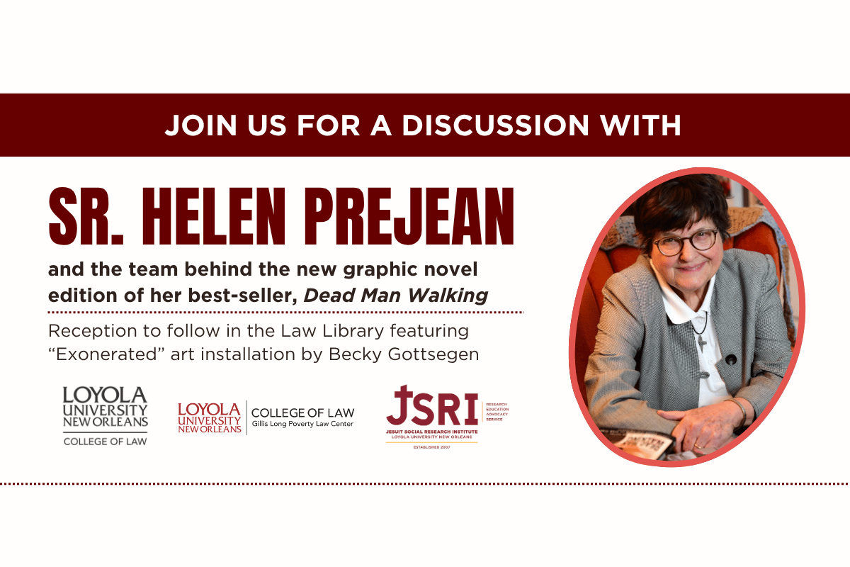 Banner announcing a panel discussion with Sr. Helen Prejean about the graphic novel of her book, Dead Man Walking.