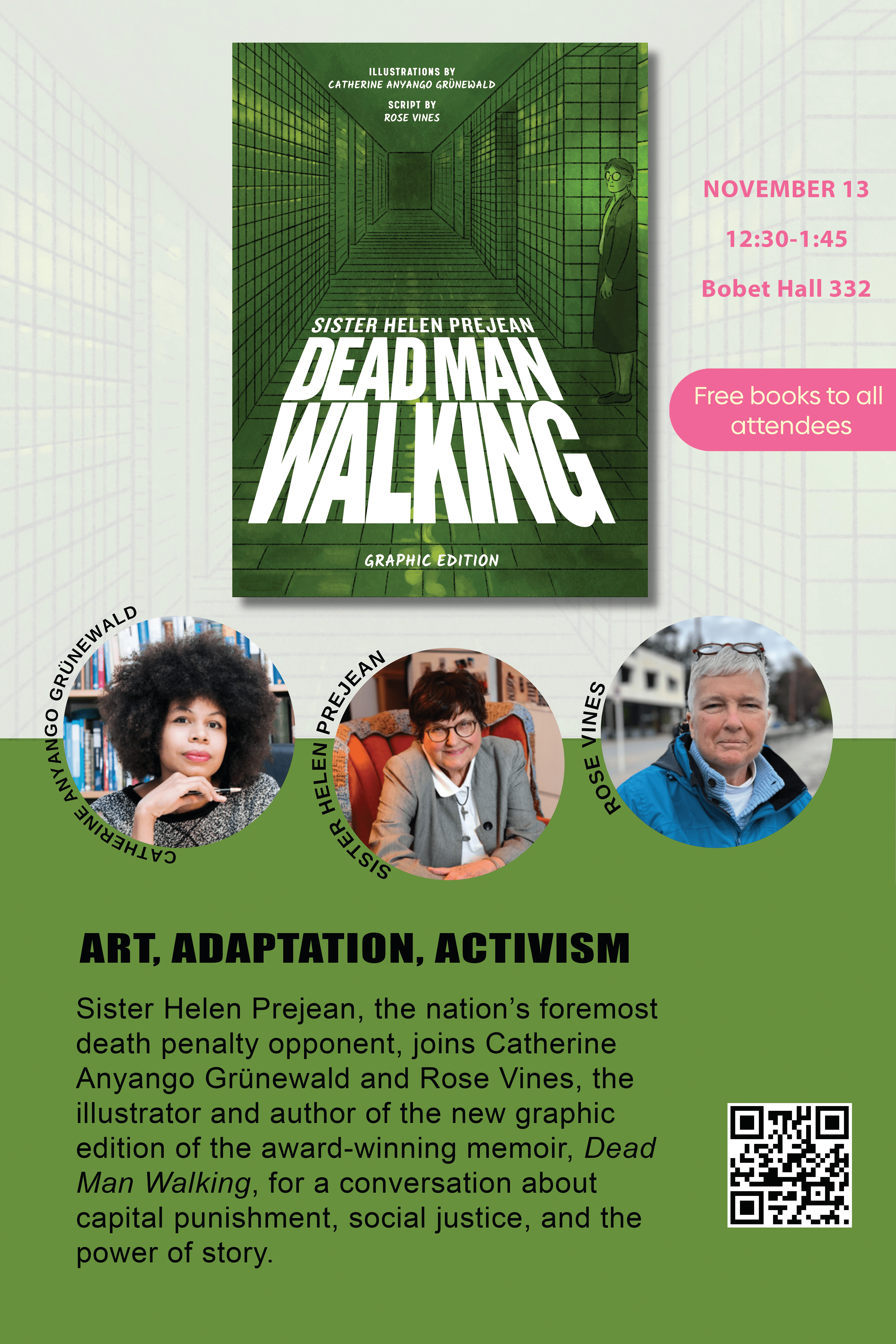 The graphic novel cover of the book 'Dead Man Walking' is on the upper center of the poster. Headshots of the three speakers are below the book cover.