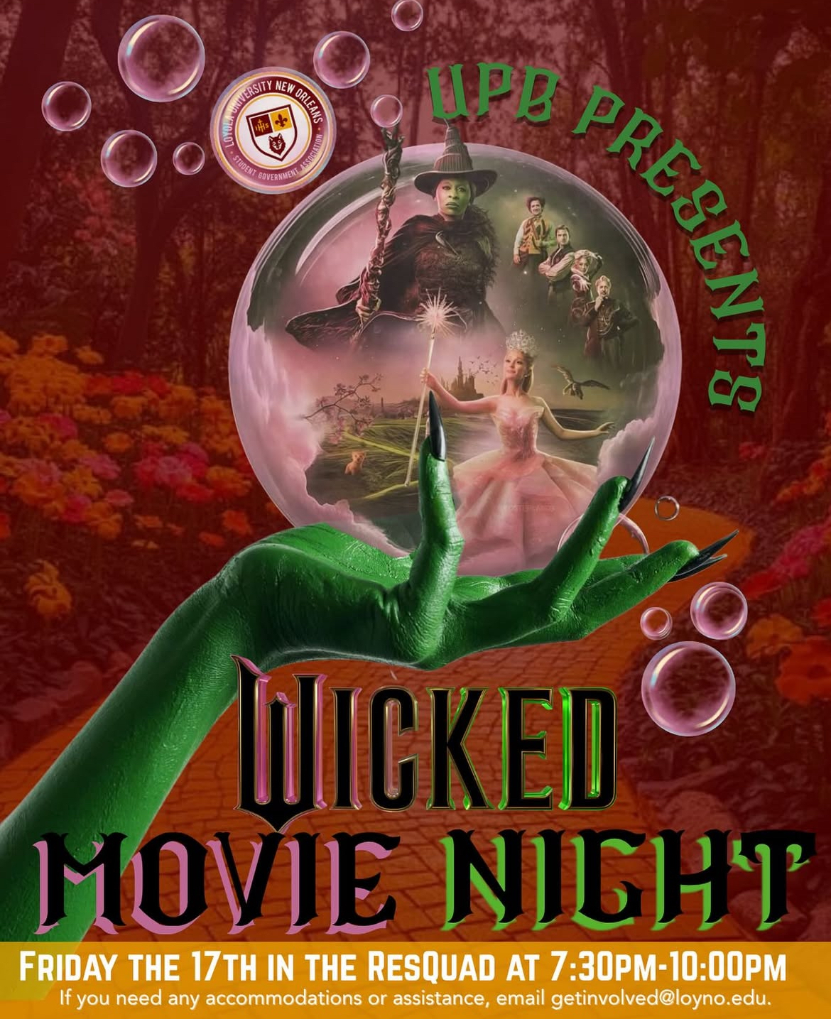 Wicked arm with bubble stating wicked movie night
