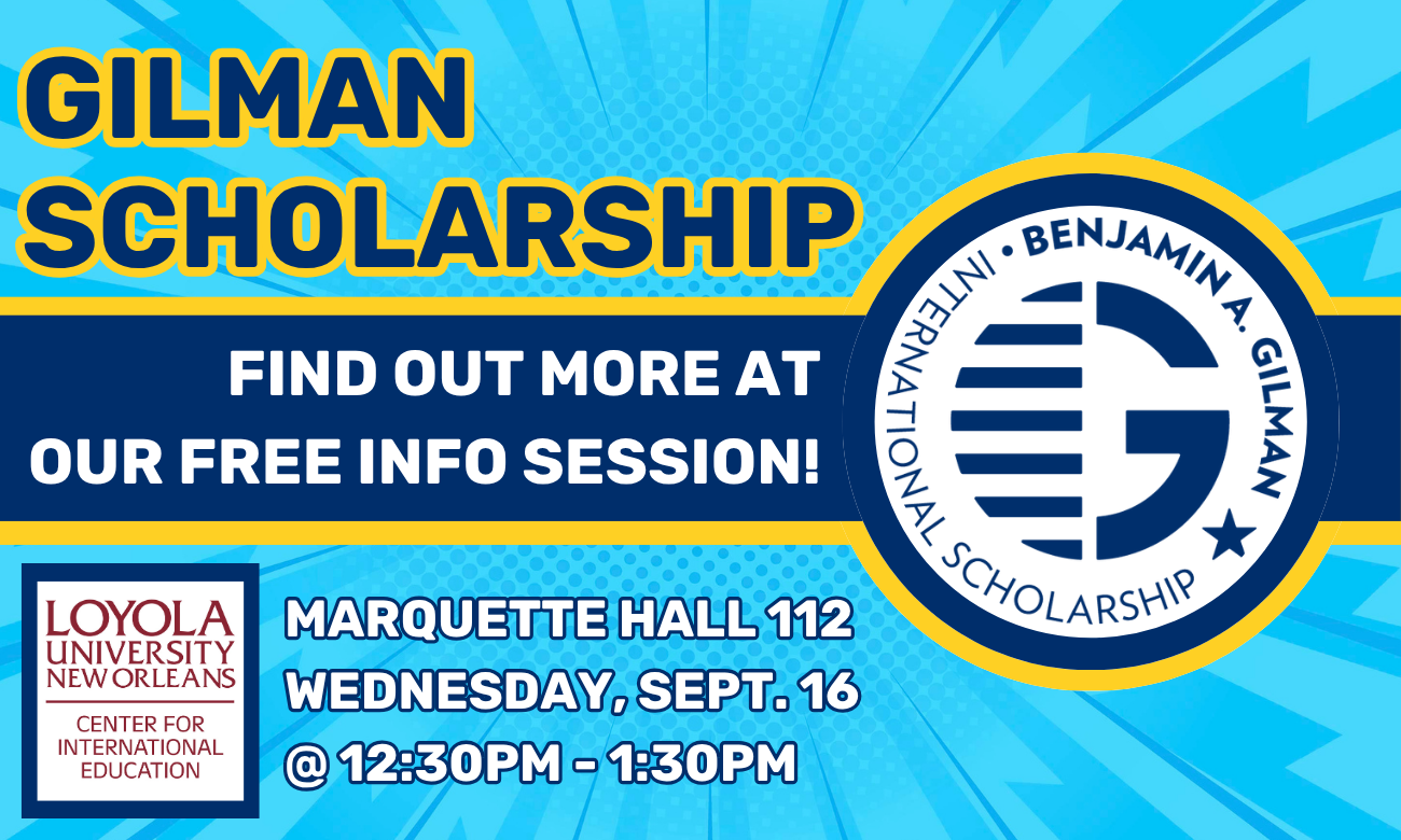 Flyer for workshop featuring the Gilman logo, which is a navy blue capital letter G stylized with blue stripes. Text information about the event is layered over a light blue background.