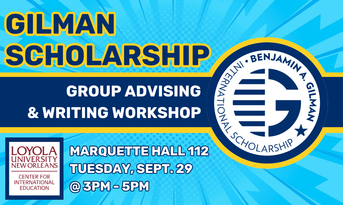 Flyer for workshop featuring the Gilman logo, which is a navy blue capital letter G stylized with blue stripes. Text information about the event is layered over a light blue background.