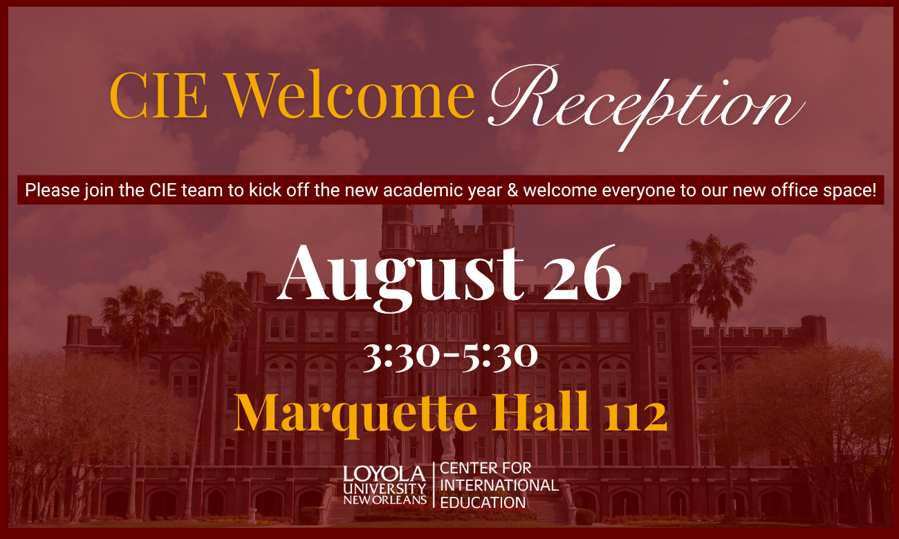 Flyer for welcome reception with place and date information overlaid on a burgandy-tinted background photo of Marquette Hall.