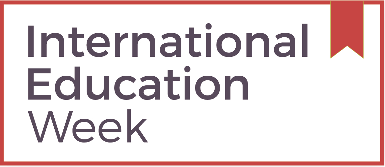 International Education Week official logo, which is the text reading INTERNATIONAL EDUCATION WEEK surrounded by a red box with a little red tab hanging off the top right corner.