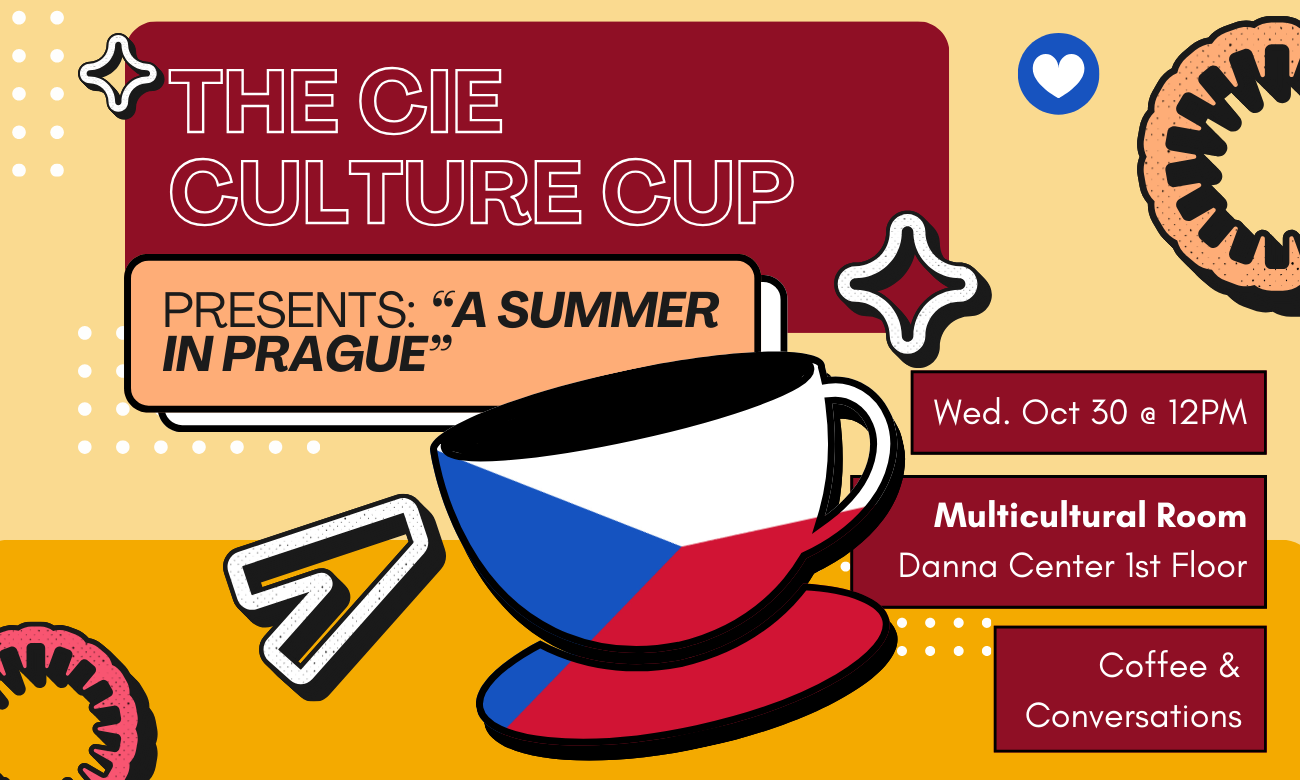 Flyer for the event featuring a stylized coffee cup emblazoned with the Czech flag, against a yellow background. Text information about the event is included in dark red bubbles across the image.